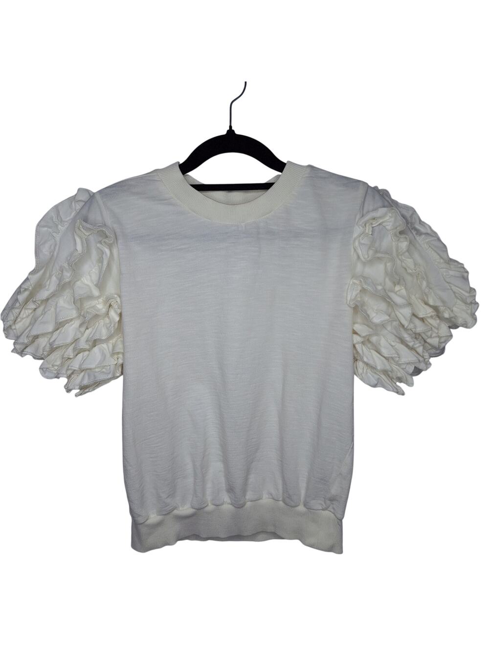 Anthropologie Maeve Ruffle Puff Sleeve Top XS Crewneck Cotton Short Sleeve White